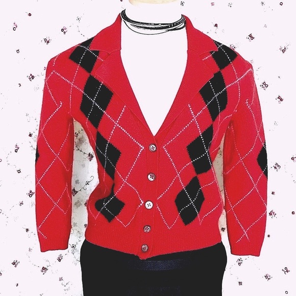 Petite Argyle Wool Angora Cardigan Sweater - Picture 1 of 7